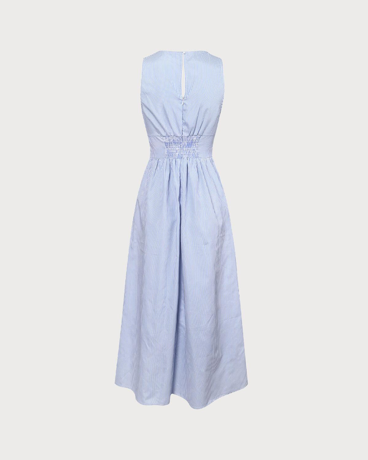 The Blue V Neck Shirred Striped Maxi Dress Product Image