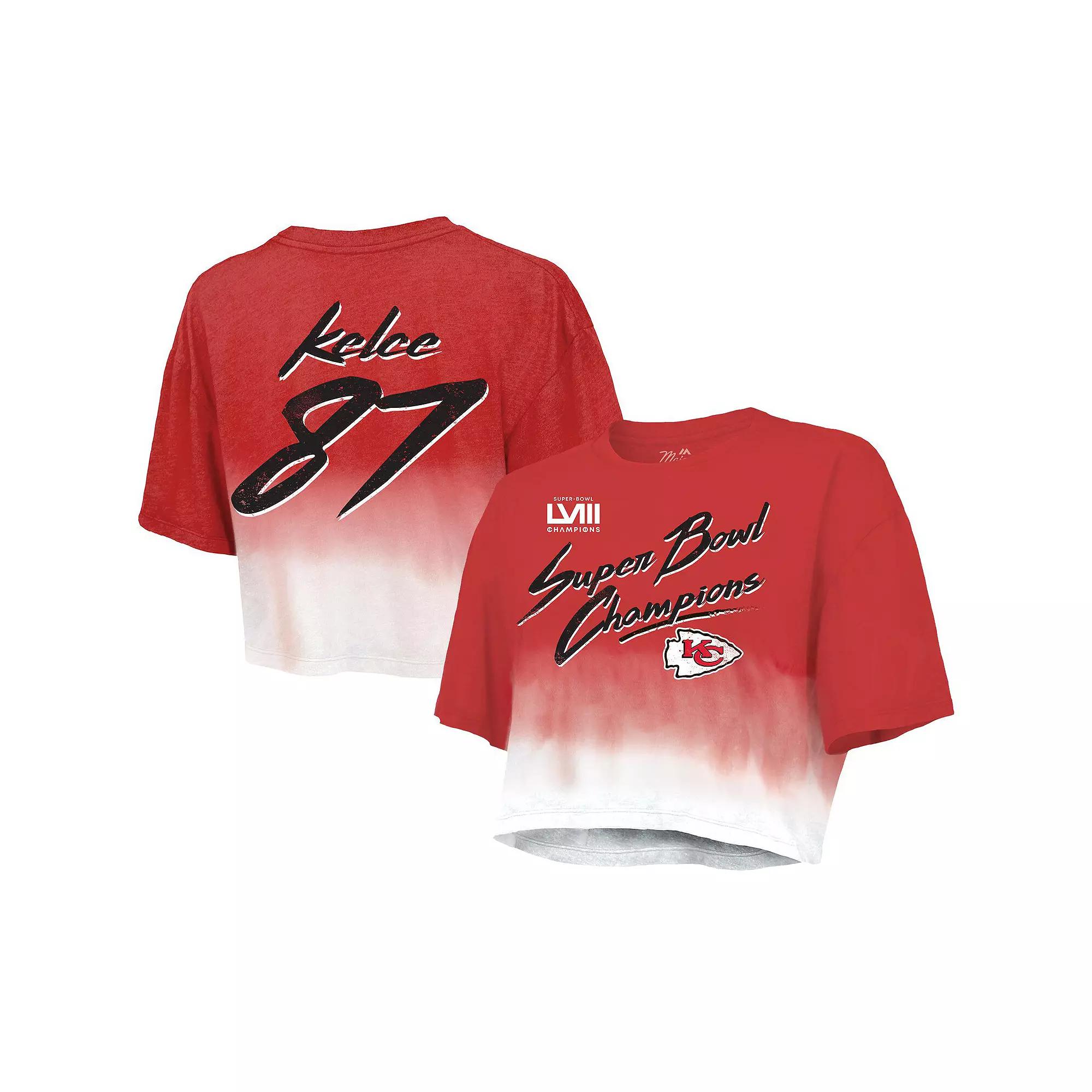 Women's Majestic Threads Travis Kelce Red/White Kansas City Chiefs Super Bowl LVIII Dip-Dye Player Name & Number Crop Top, Size: Large Product Image