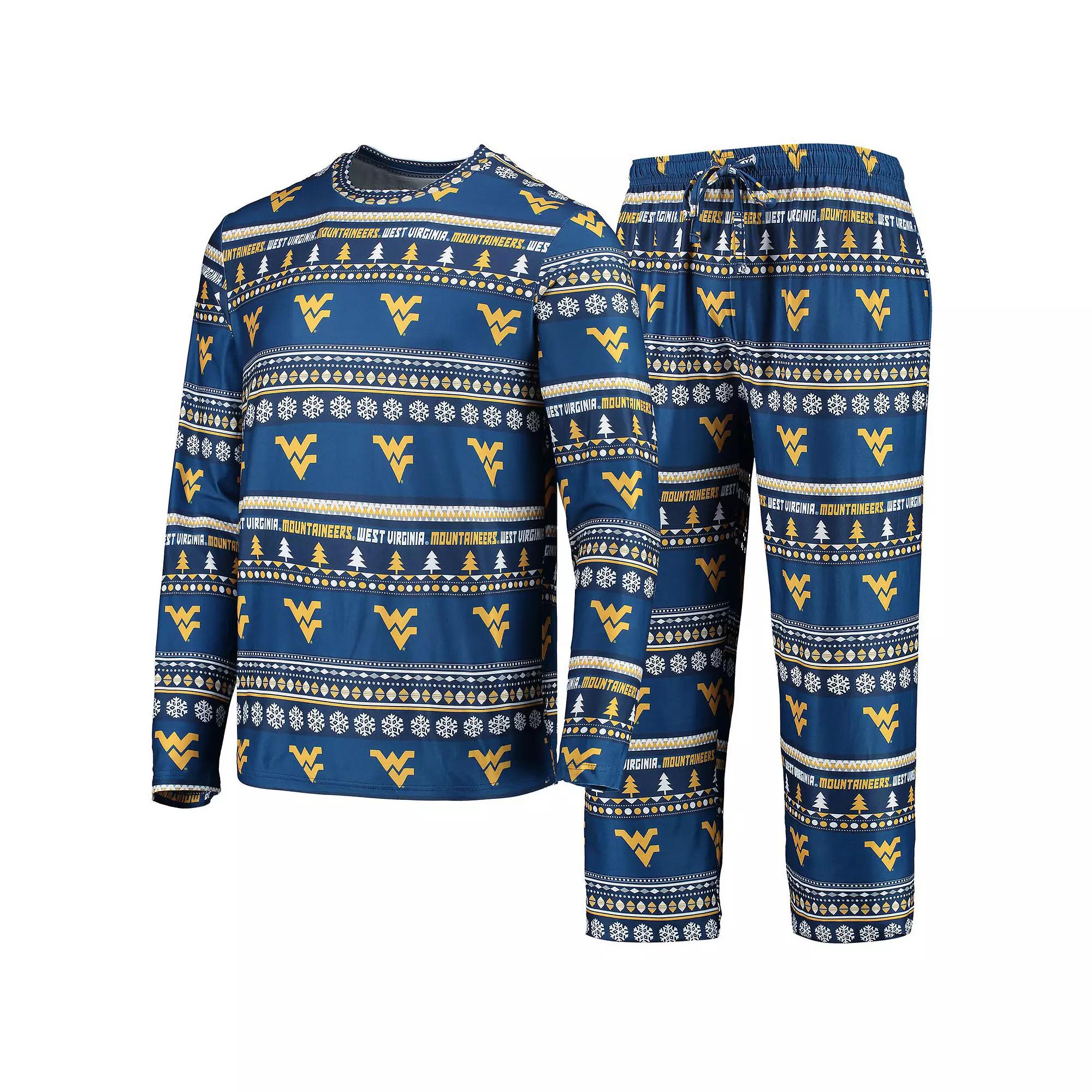 Men's Concepts Sport Navy West Virginia Mountaineers Ugly Sweater Long Sleeve T-Shirt and Pants Sleep Set,  Product Image
