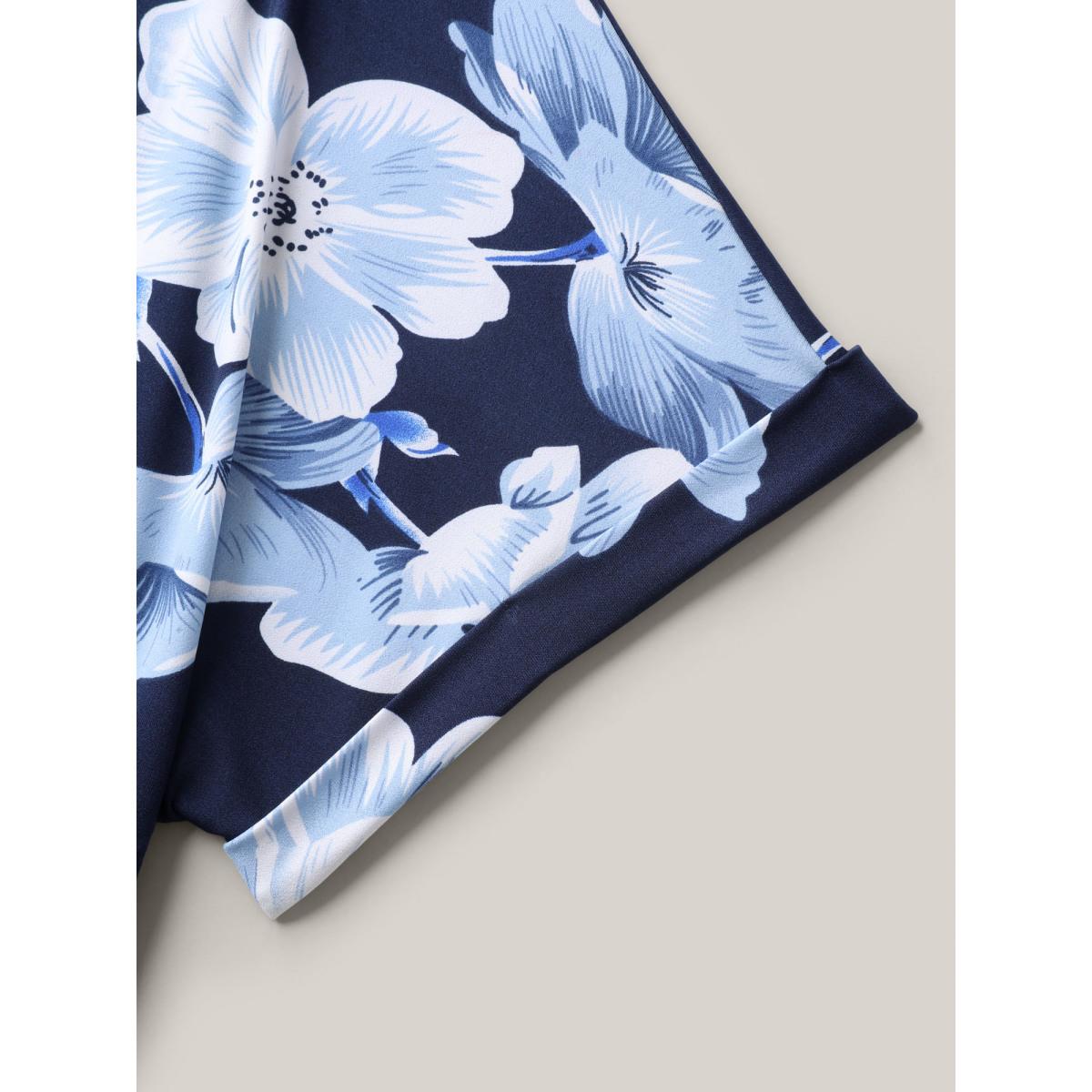 Plus Size DarkBlue Floral Print Knit Surplice Neck Jumpsuit Women Elegant Short sleeve Overlap Collar Everyday-Elegant Loose Jumpsuits BloomChic 22-24/3X Product Image