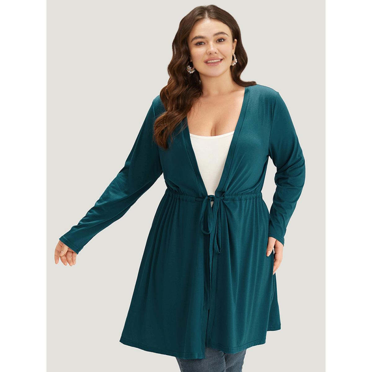 Plus Size Plain Drawstring Knot Open Front Coat Women Cyan Casual Plain Ladies Dailywear Winter Coats BloomChic 12/L Product Image