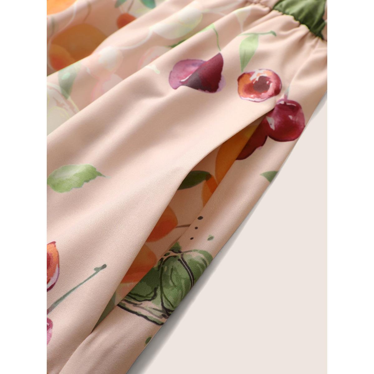 Plus Size Citrus Fruits Print Elastic Waist Belted Pocket Dress Apricot Women Elegant Non V-neck Short sleeve Curvy Midi Dress BloomChic 28/5X Product Image