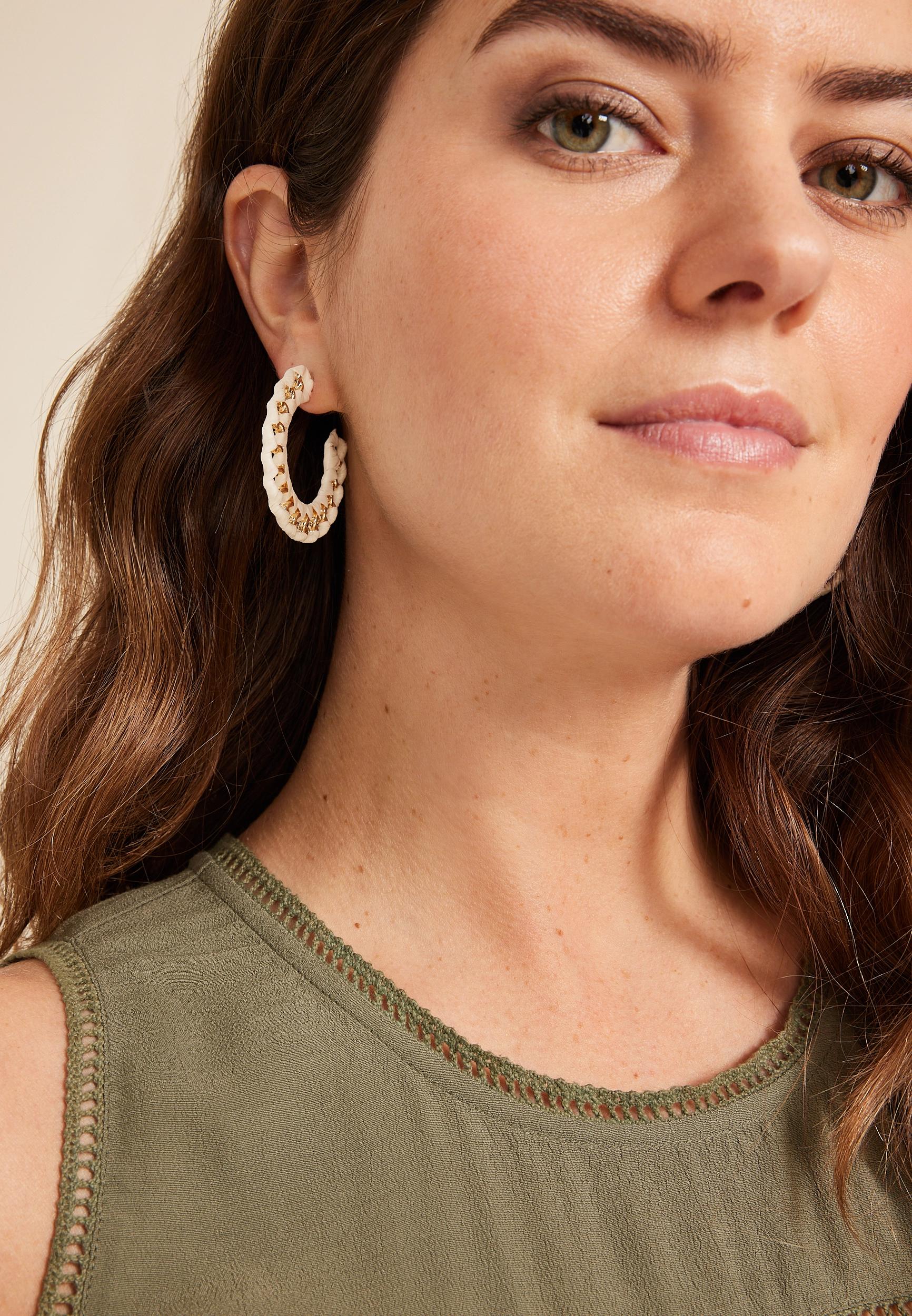 White Raffia Wrapped Hoop Earrings Product Image