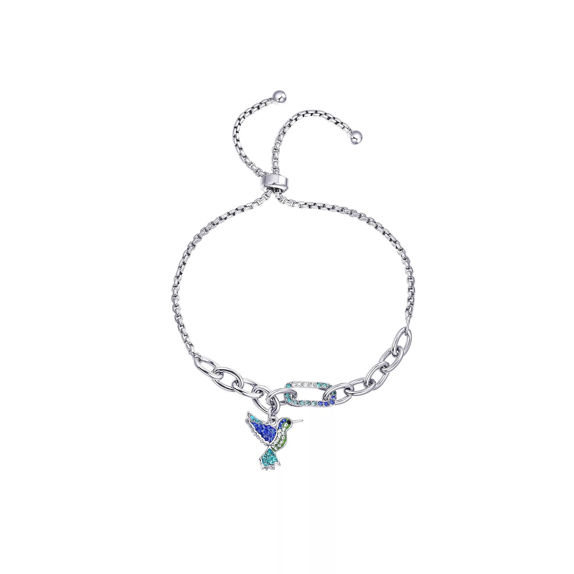 Crystal Collective Fine Silver Plated Blue Crystal Hummingbird Charm Adjustable Bracelet, Womens Silver Tone Blue Product Image