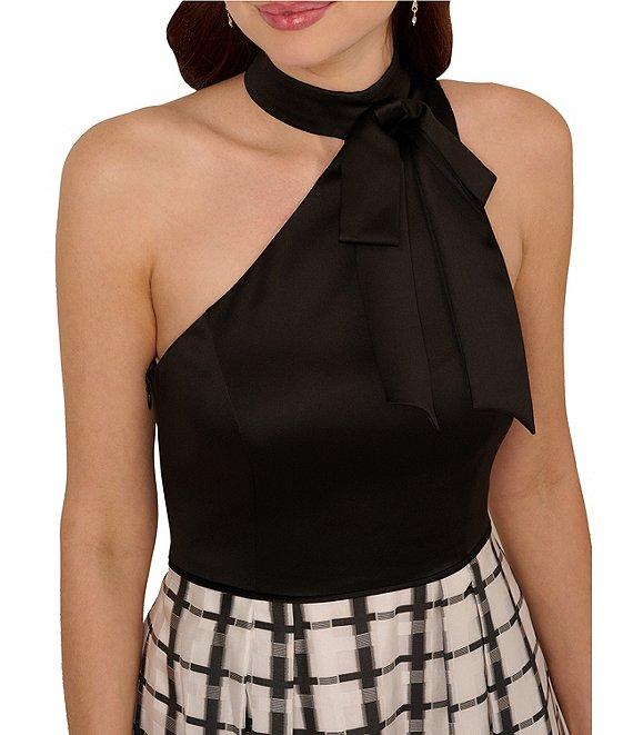 Adrianna Papell Mixed Media Plaid Halter Neck Sleeveless A-Line Gown Product Image