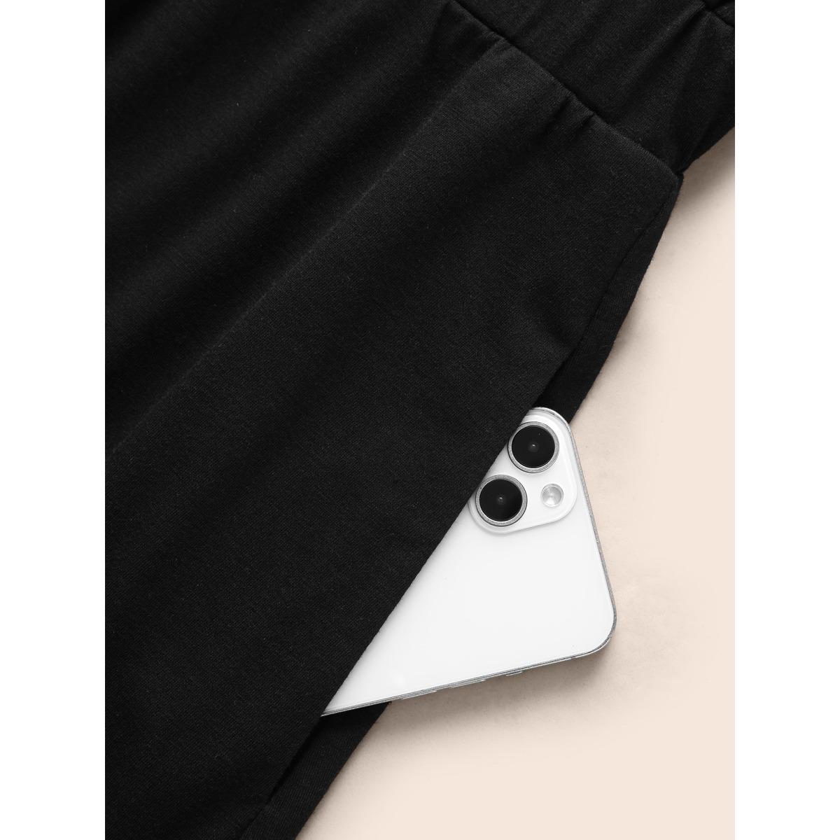 Plus Size Supersoft Essentials Contrast Button Detail Shirred Pocket Dress Black Women Casual Plain V-neck Short sleeve Curvy Midi Dress BloomChic 30/6X Product Image