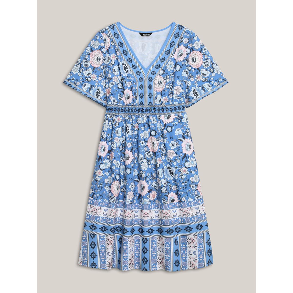 Plus Size Boho Print Pockets V-Neck Midi Dress Mediumblue Women Boho Shirred V-neck Half Sleeve Curvy BloomChic 14-16/1X Product Image