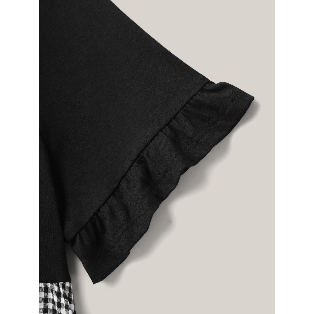 Plus Size Mixed Print Round Neck Doll T-Shirt Black Women Gathered Round Neck Everyday-Casual T-shirts BloomChic 12/L Product Image