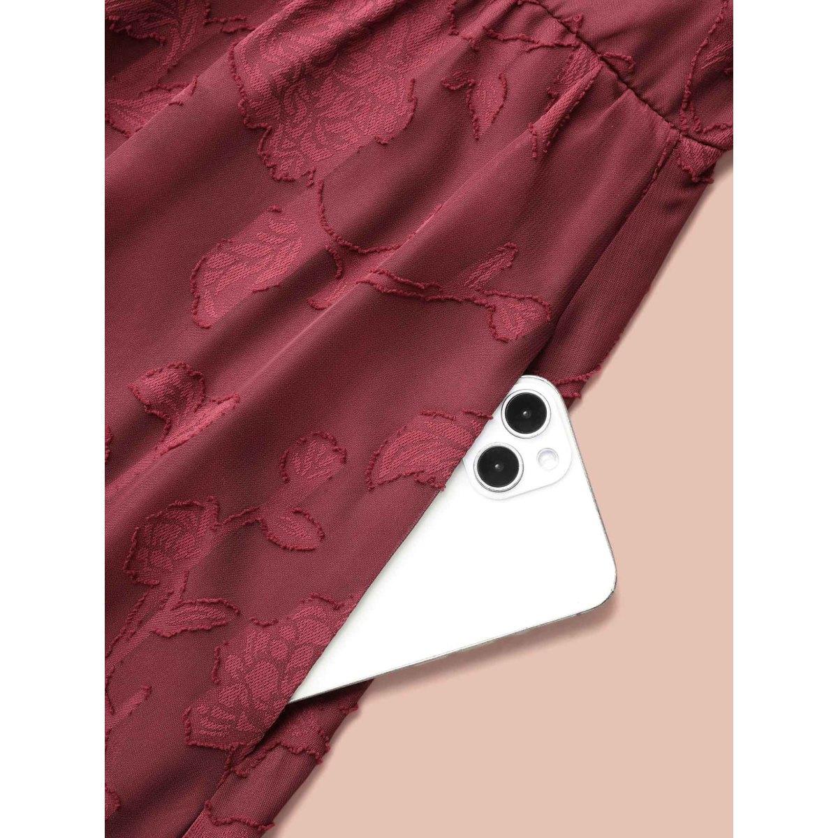 Plus Size Floral Frill Trim Stretchy-Waist Sheer Midi Dress Burgundy Women Elegant Texture Square Neck Elbow-length sleeve Curvy BloomChic 22-24/3X Product Image