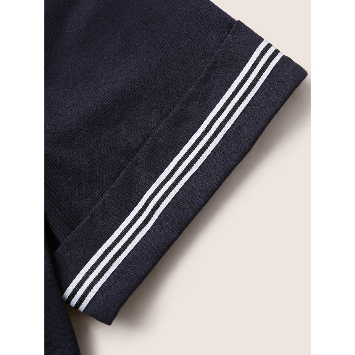 Plus Size Round Neck Contrast Webbing Cuffed Sleeve T-shirt Midnight Women Casual Contrast Round Neck Everyday T-shirts BloomChic 12/L Product Image