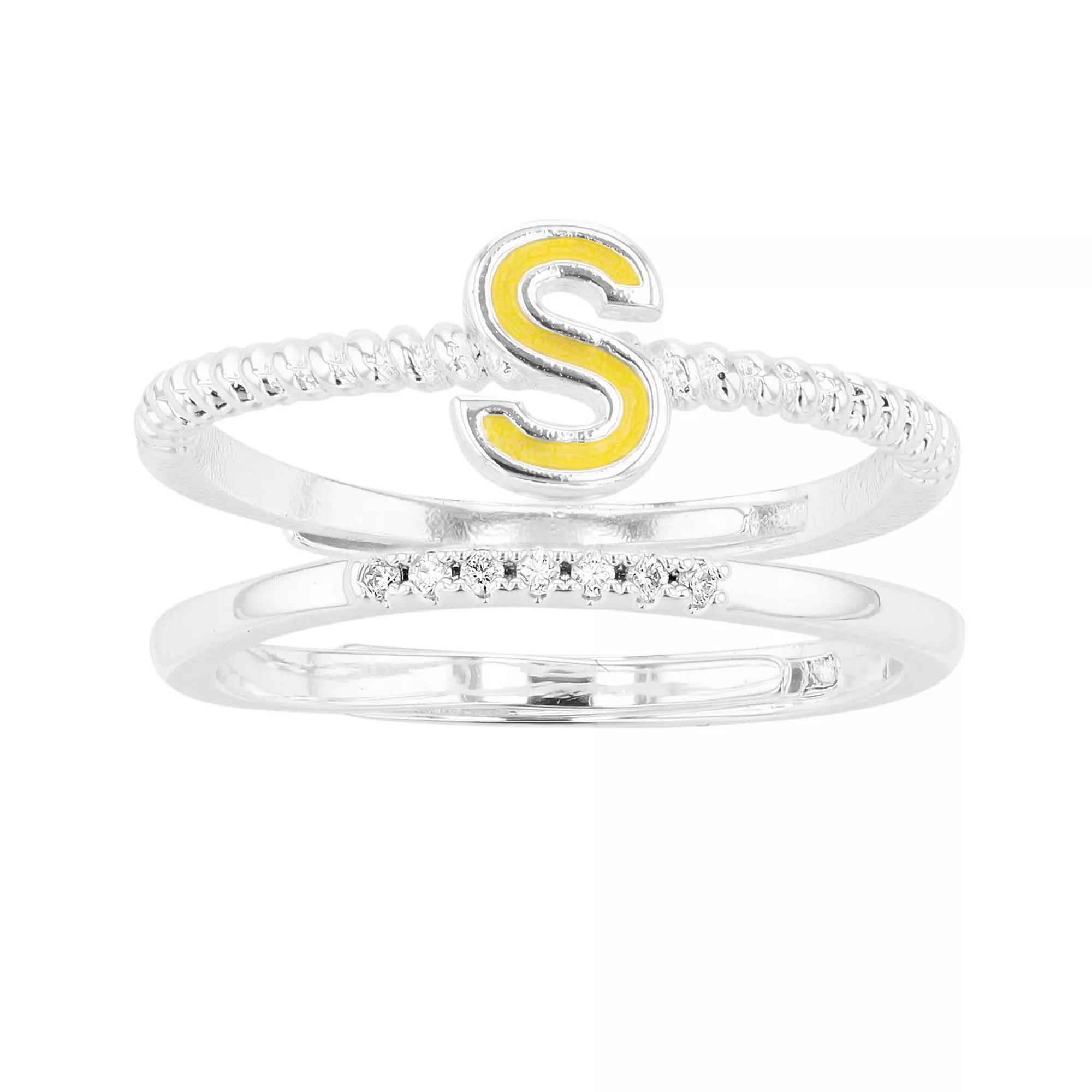 City Luxe Enamel Initial Ring & Cubic Zirconia Pave Ring Duo Set, Women's, Silver Tone S Product Image