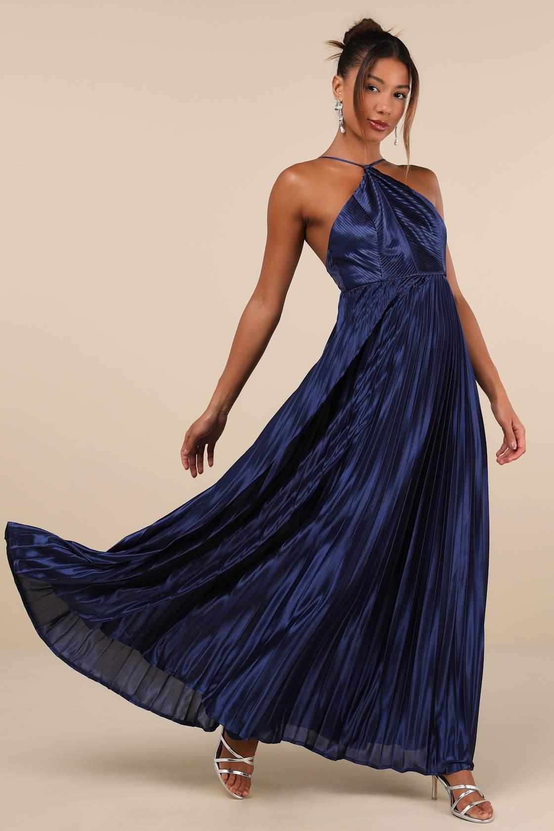 Elaborate Charm Navy Blue Satin Pleated Backless Maxi Dress Product Image