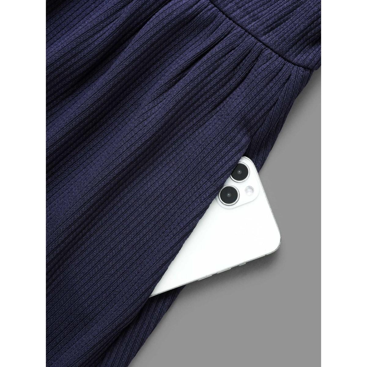 Plus Size Solid Overlap Collar Belted Knit Dress DarkBlue Women Casual Texture Knit Dresses Bloomchic 26/4X Product Image