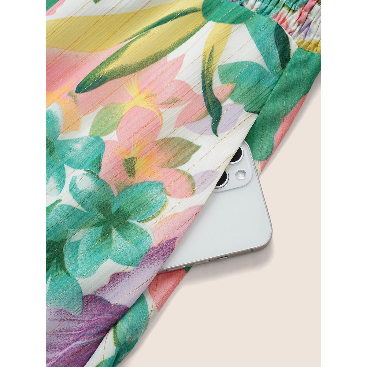 Plus Size Floral Print Overlap Collar Pocket Shirred Dress Green Women Elegant Non Overlap Collar Short sleeve Curvy Midi Dress BloomChic 14-16/1X Product Image