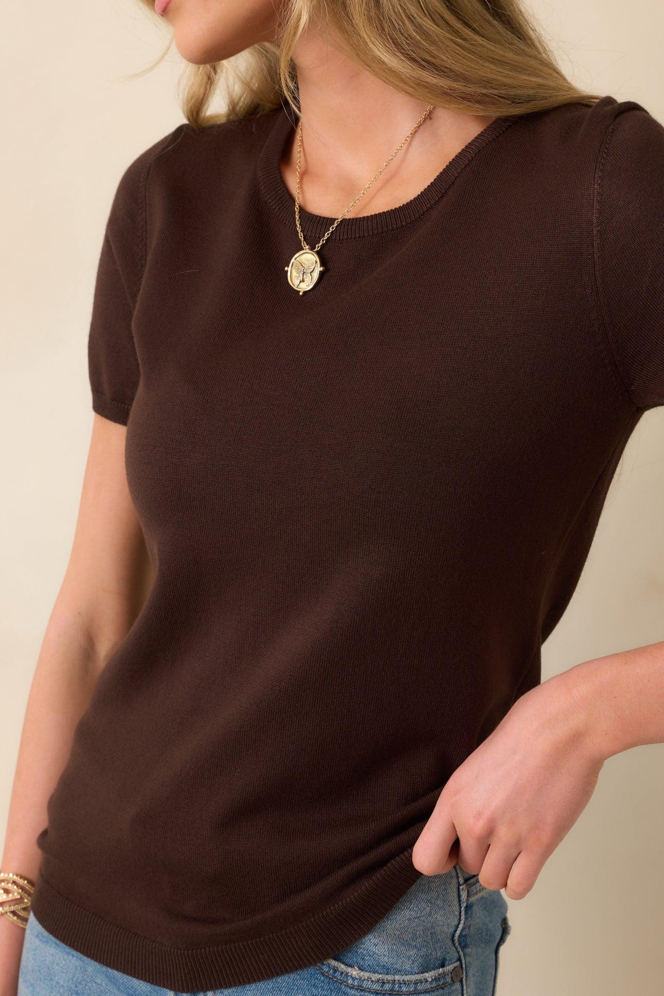 Cross Your Mind Dark Brown Short Sleeve Sweater Top L / Brown Product Image