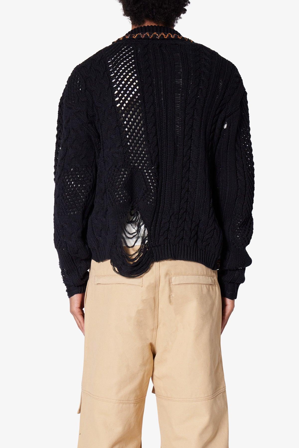 Chunky Distressed Cardigan Sweater - Black Product Image