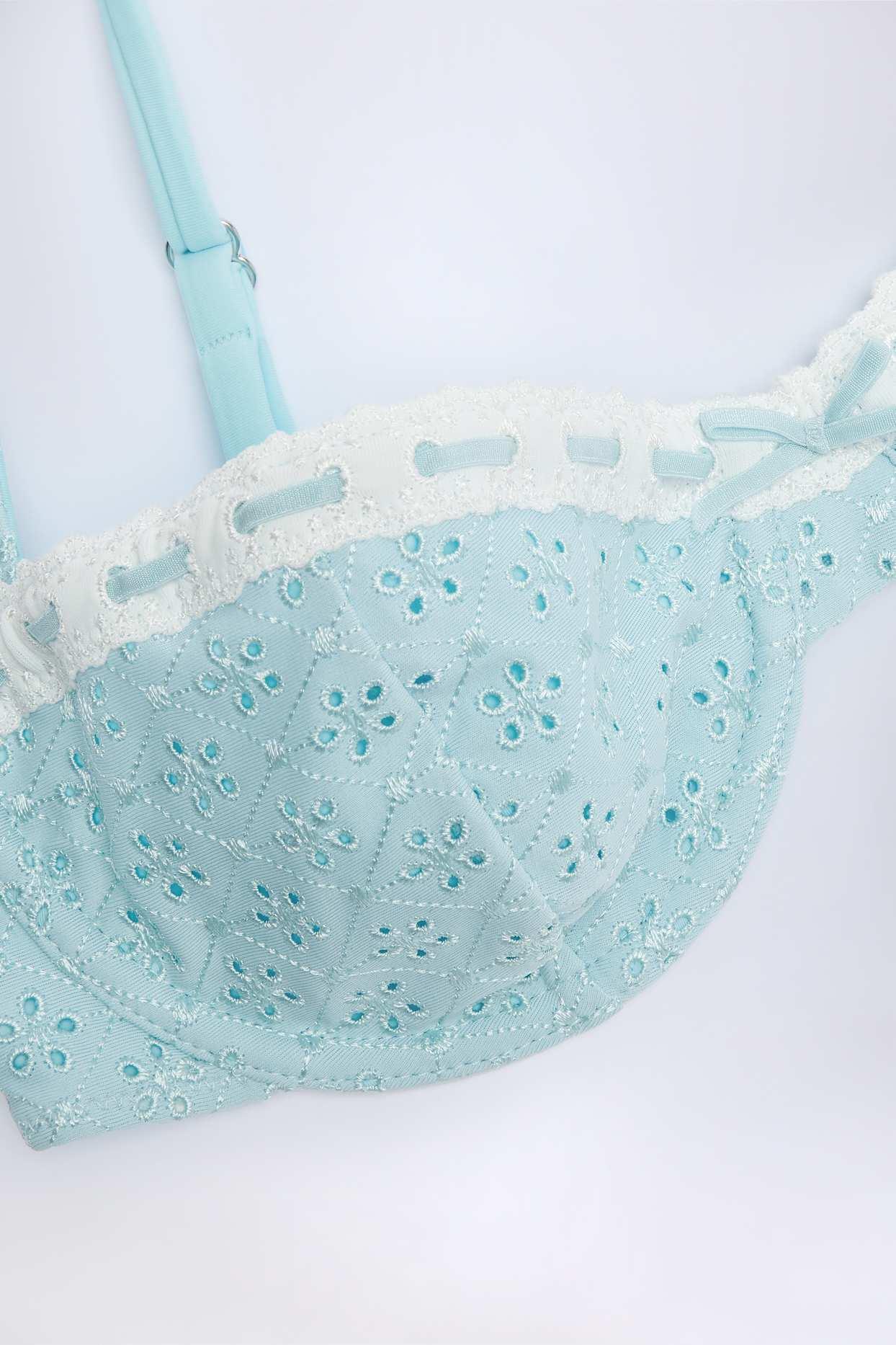Broderie Anglaise Underwired Balconette Bikini Top in Powder Blue Product Image