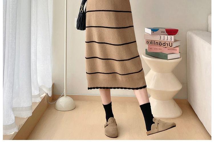 Maternity Long Sleeve Round Neck Striped Ribbed Midi Shift Sweater Dress Product Image