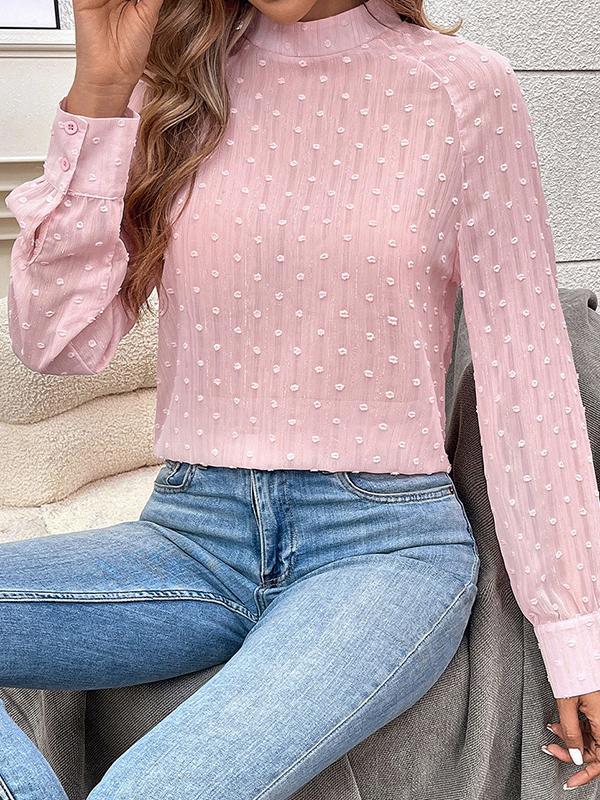 Long Sleeves Loose Buttoned Hollow Jacquard Solid Color Mock Neck Blouses&Shirts Tops Product Image