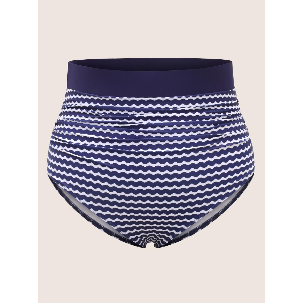 Plus Size Striped Print High Rise Ruched Swim Bottom Women's Swimwear Navy Beach Gathered High stretch Skinny High Rise Curve Swim Bottoms BloomChic 10/M Product Image