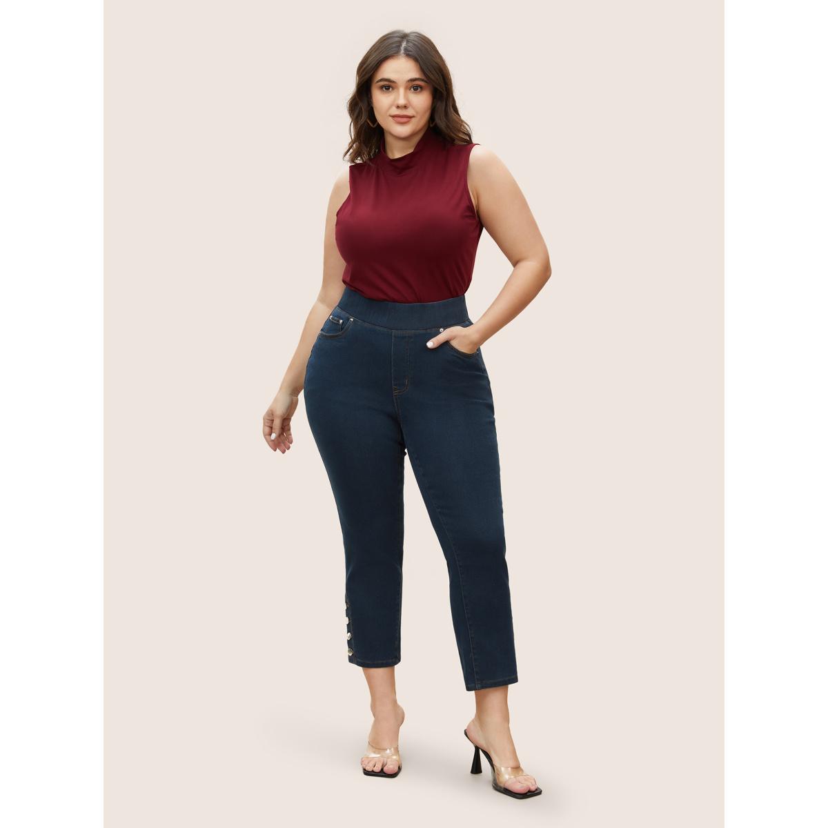Plus Size Black Wash Button Detail Elastic Wais Slim Jeans Women Denimindigo Elegant Plain Non High stretch Pocket Jeans BloomChic 30/6X Product Image
