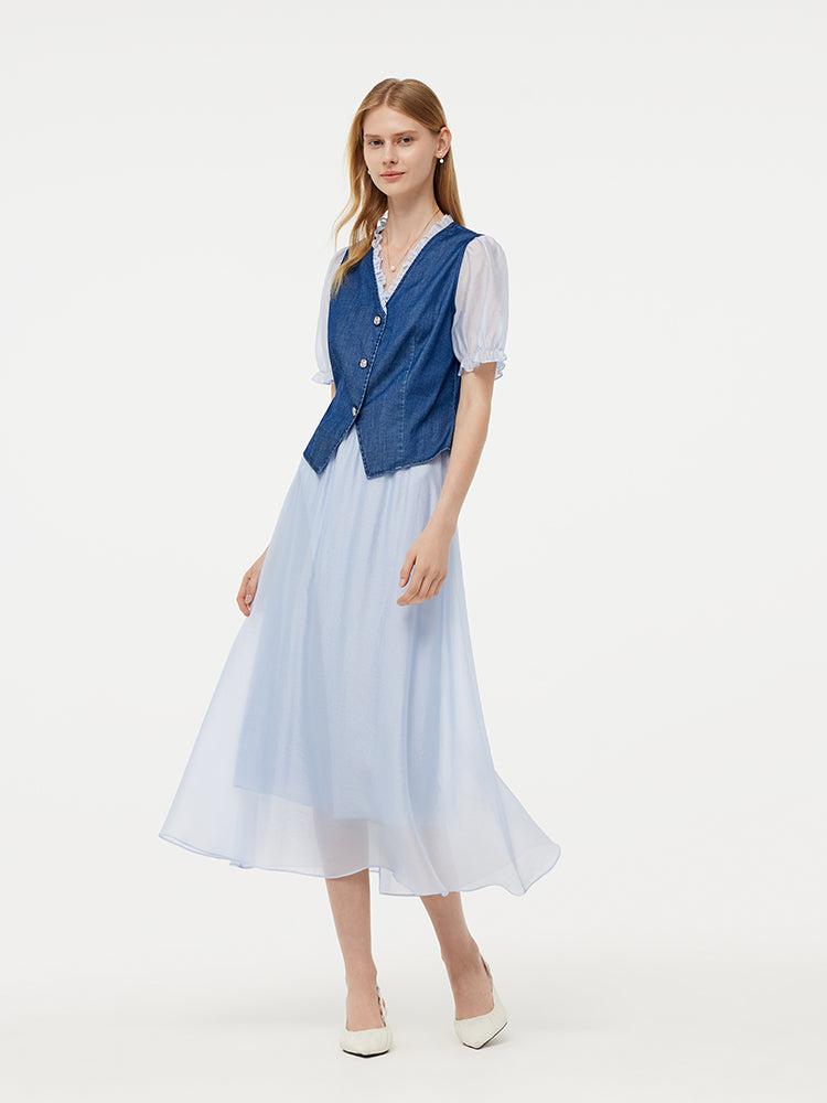Denim Lyocell Patchwork Crop Jacket And Skirt Two-Piece Set Product Image
