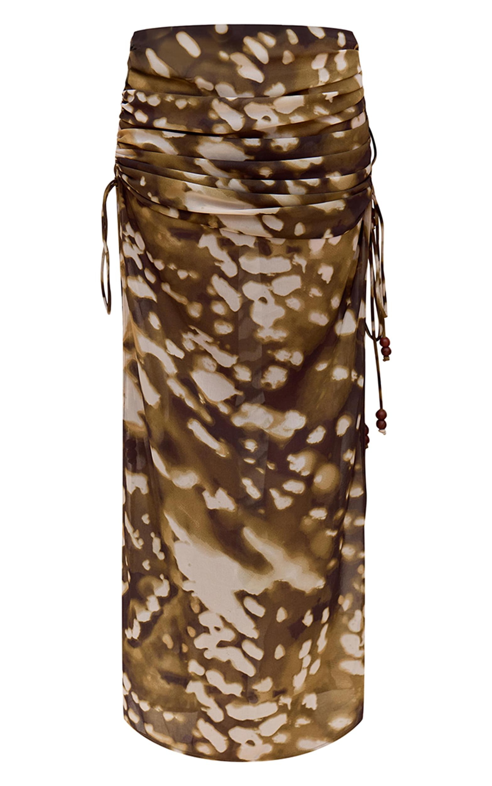 Stone Blurred Abstract Printed Chiffon Ruched Bead Detail Maxi Skirt Product Image