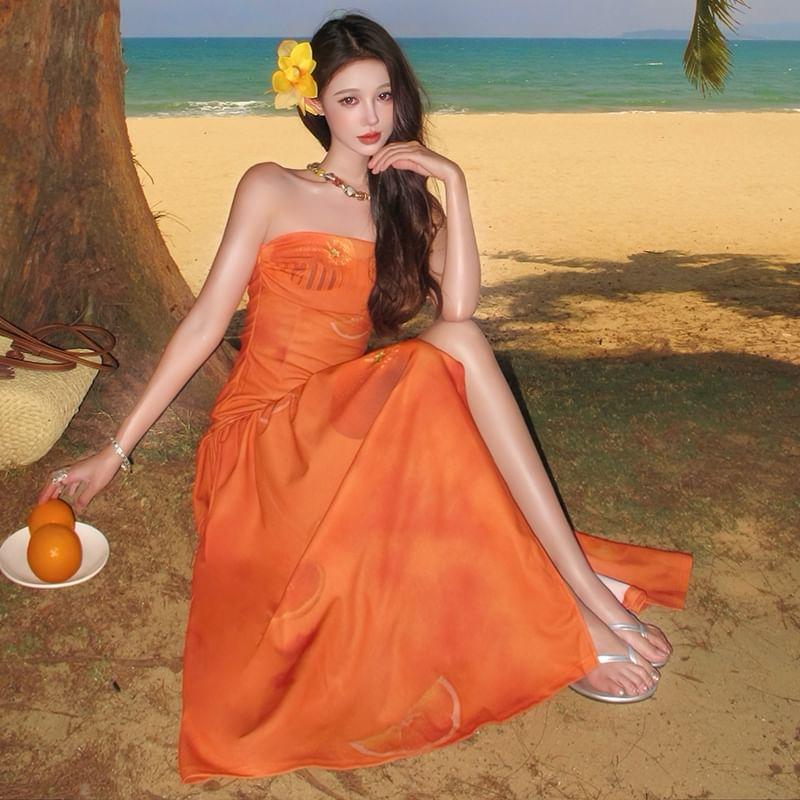 Strapless Printed Slit Midi A-Line Dress Product Image