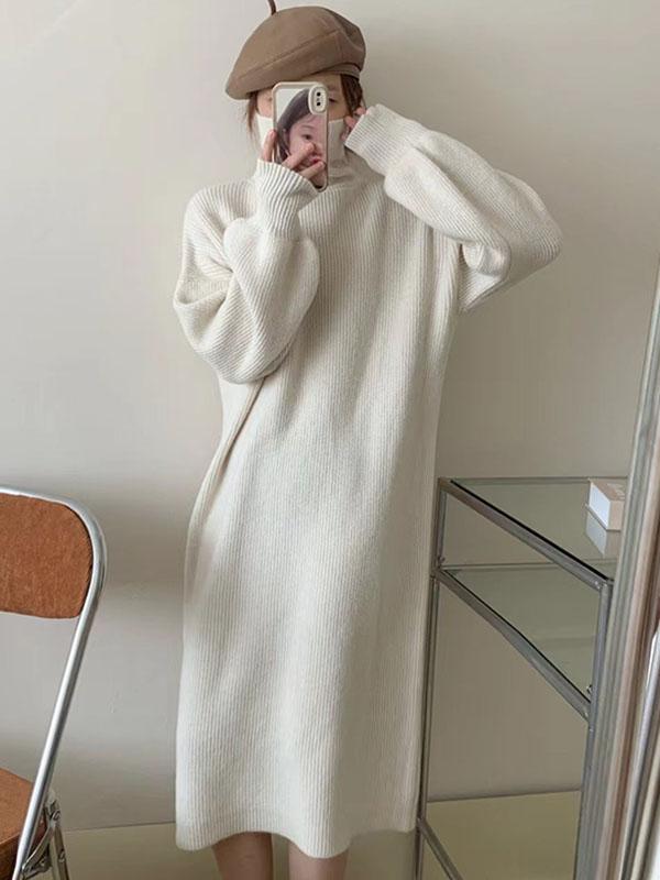 Long Sleeves Loose Solid Color High Neck Midi Dresses Sweater Dresses Product Image
