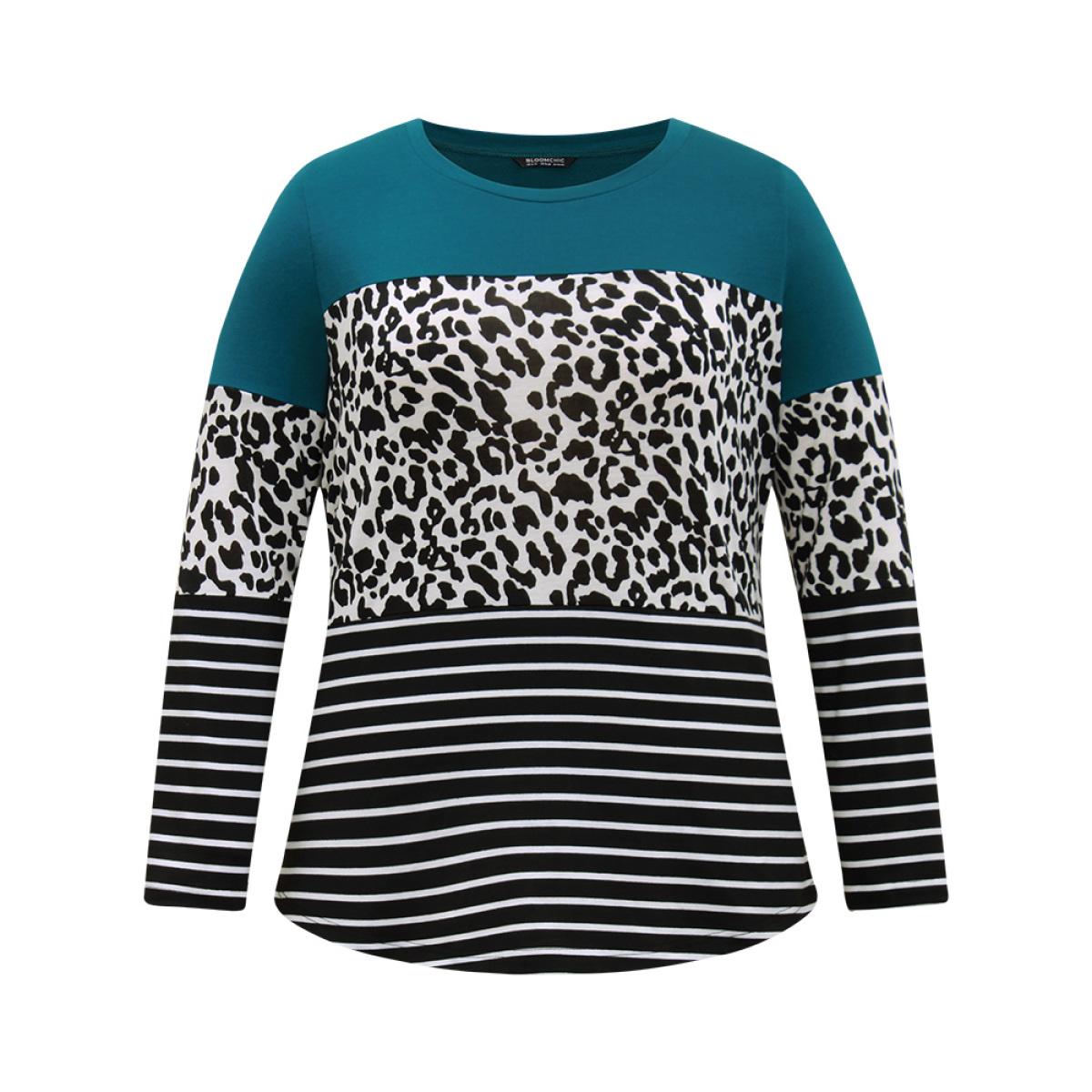 Plus Size Striped Leopard Patchwork Contrast Round Neck T-shirt Multicolor Women Casual Contrast Leopard Round Neck Dailywear T-shirts BloomChic 22-24/3X Product Image