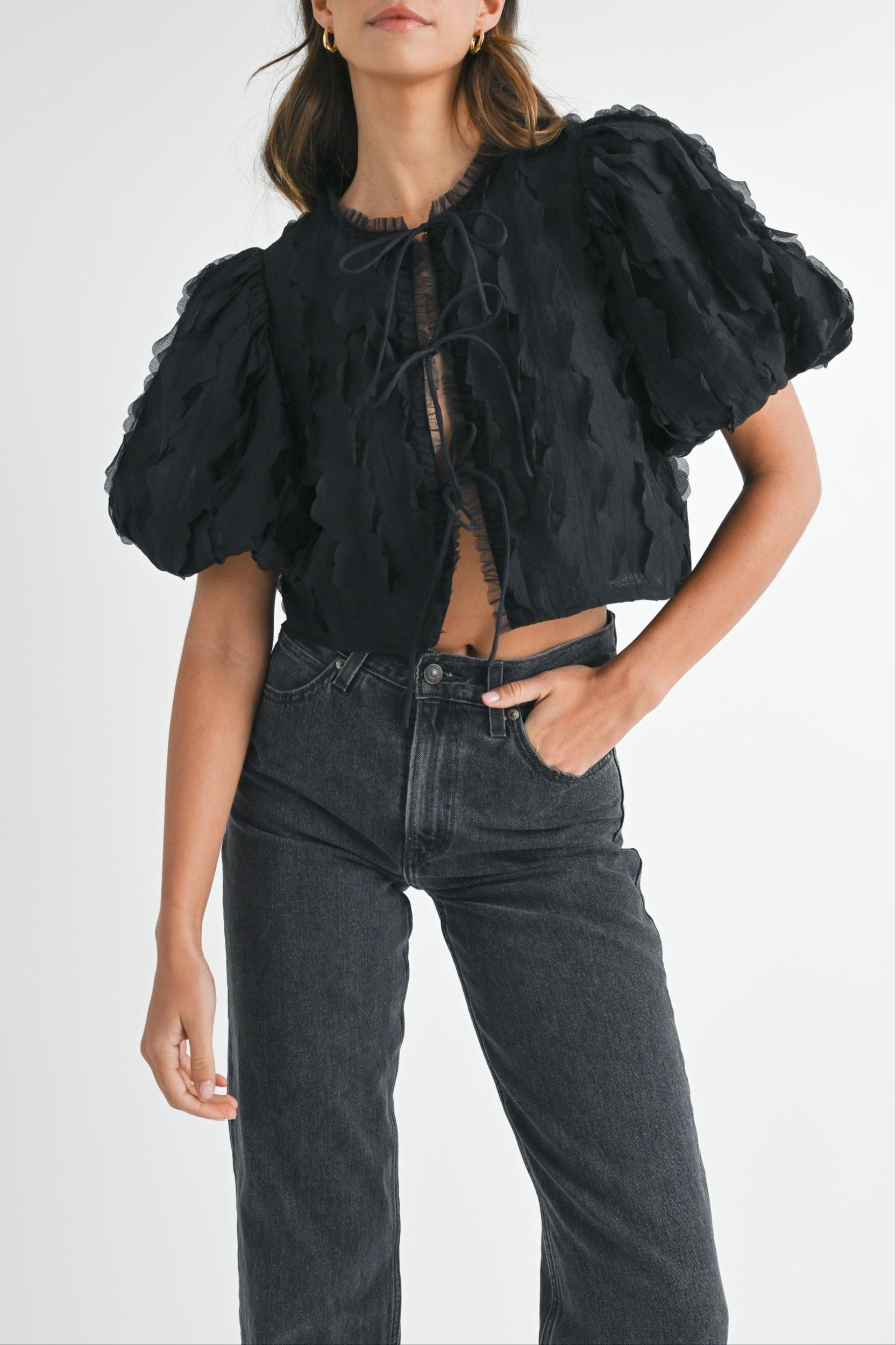 Textured Scallop Puff Sleeve Blouse Top Product Image