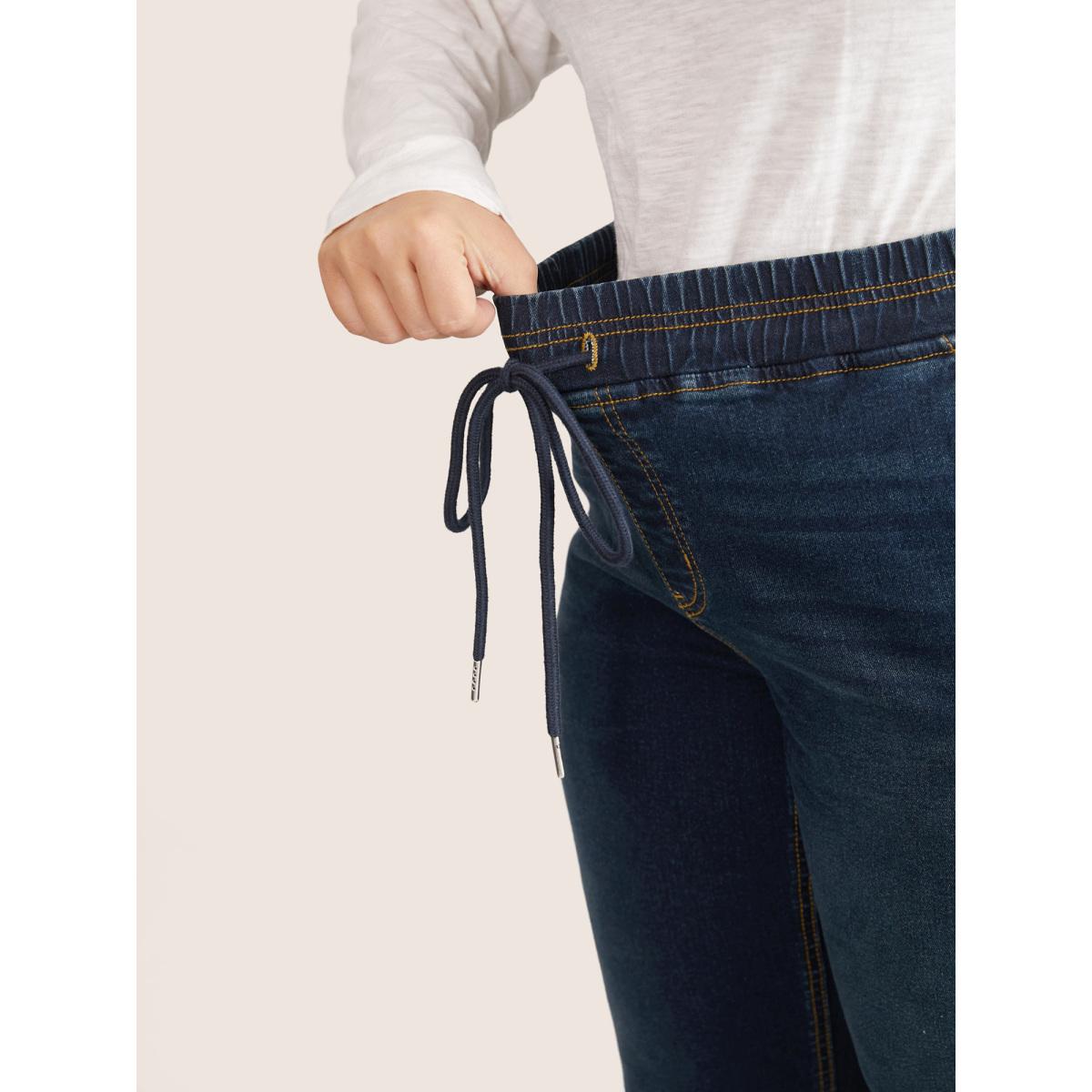 Plus Size Dark Wash Drawstring Elastic Waist Jogger Jeans Women DarkBlue Casual Plain Non High stretch Slanted pocket Jeans BloomChic 30/6X Product Image