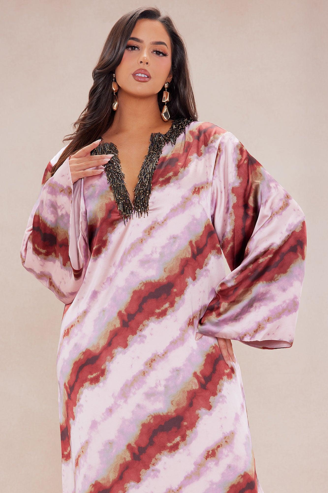 Stella Satin Kaftan Maxi Dress - Mauve/combo Product Image