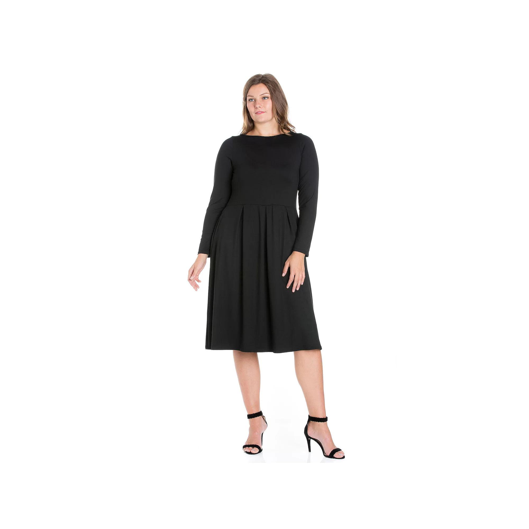 Plus Size 24seven Comfort Apparel Long Sleeve Fit and Flare Midi Dress, Women's, Size: 1XL, Black Product Image