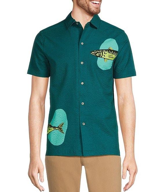 Murano Shape of Water Collection Slim Fit Placed Fish Print Seersucker Short Sleeve Convertible Camp Shirt Product Image