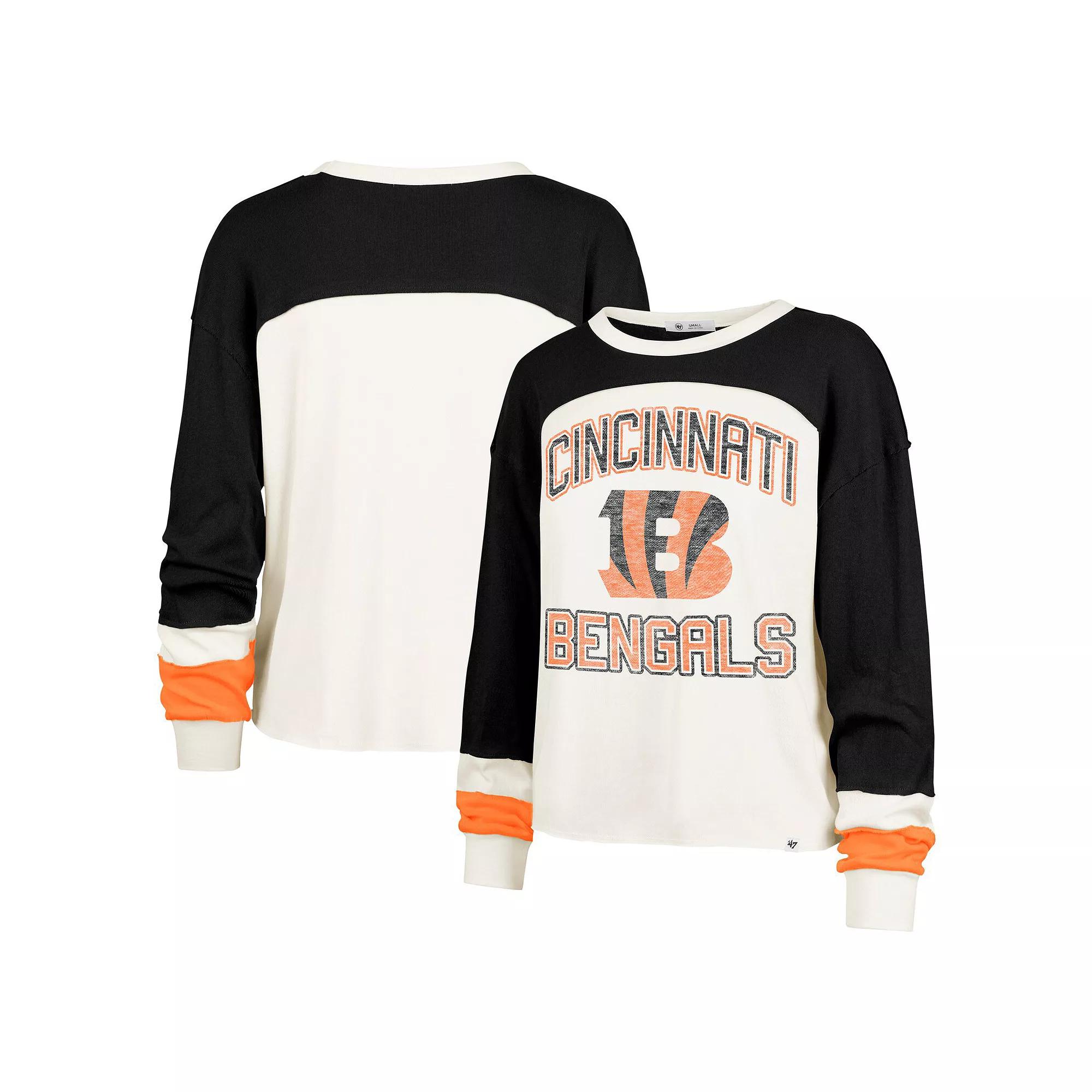 Women's '47 Cream Cincinnati Bengals Double Header Curve Raglan Long Sleeve Crop Top, Size: XL, Beige Product Image