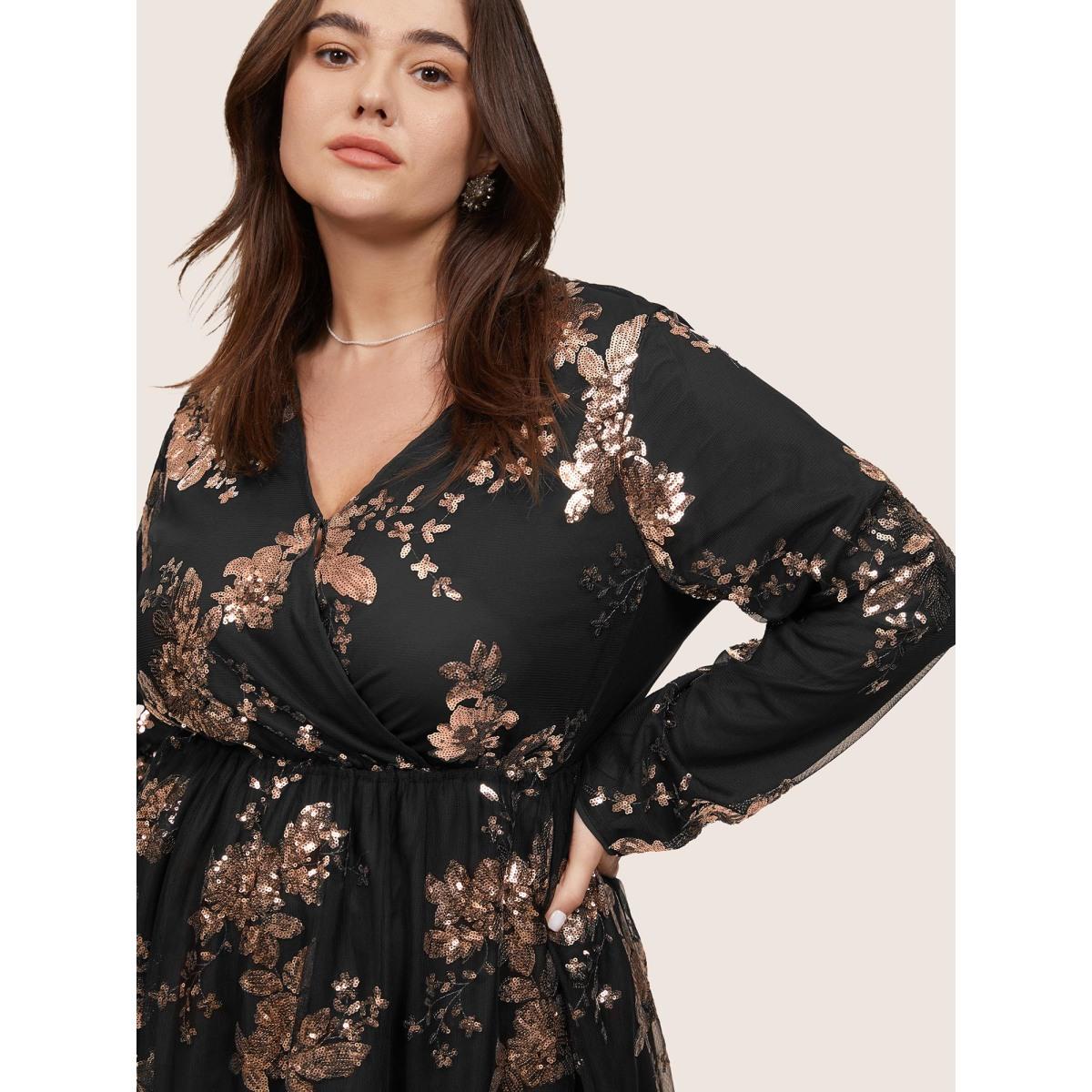 Plus Size Floral Sequin Elastic Waist Mesh Wrap Dress Black Women Party&Cocktail Sequin Overlap Collar Long Sleeve Curvy Midi Dress BloomChic 14-16/1X Product Image