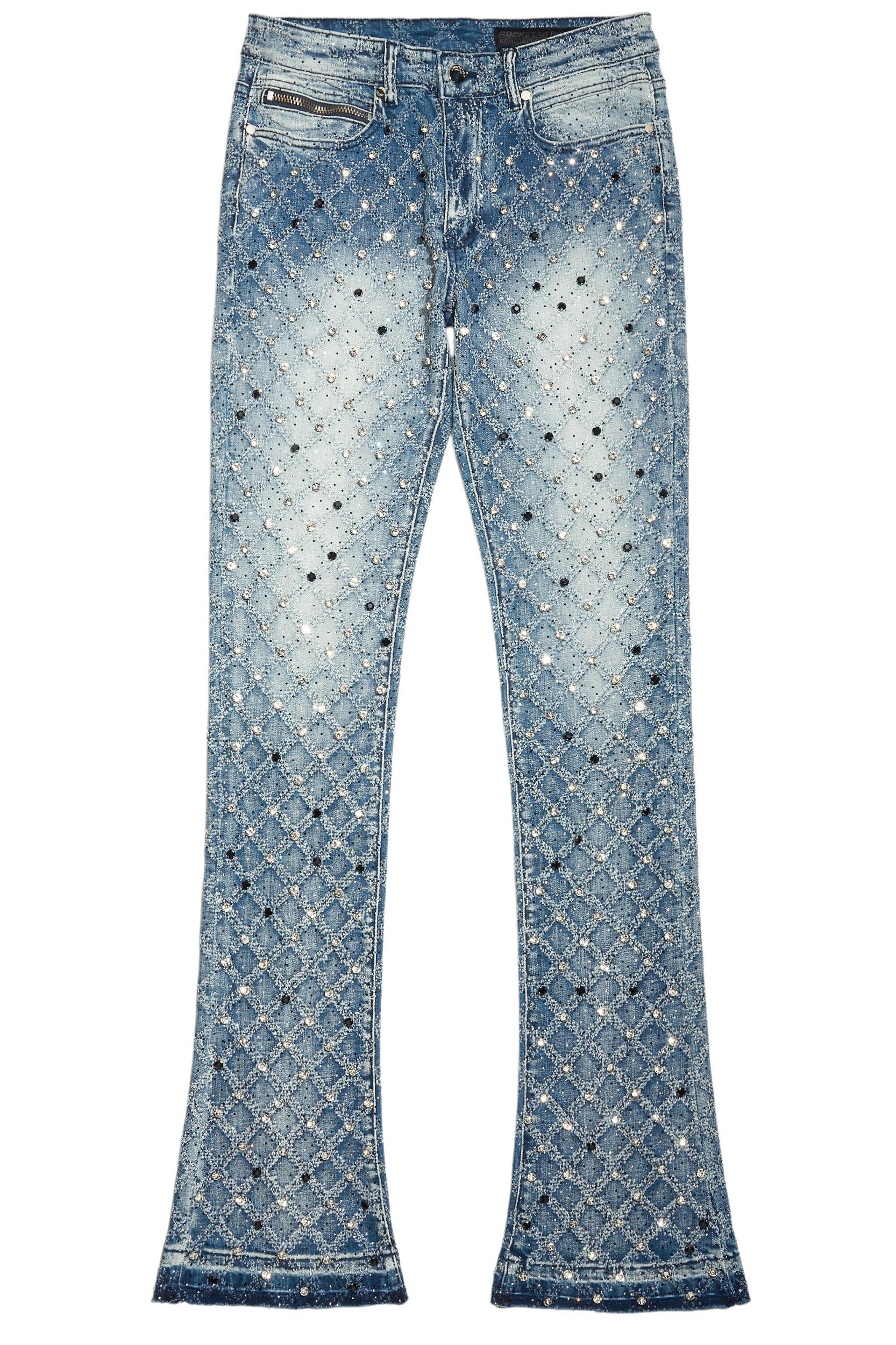 Glit Dark Blue Rhinestone Stacked Flare Jean Male Product Image