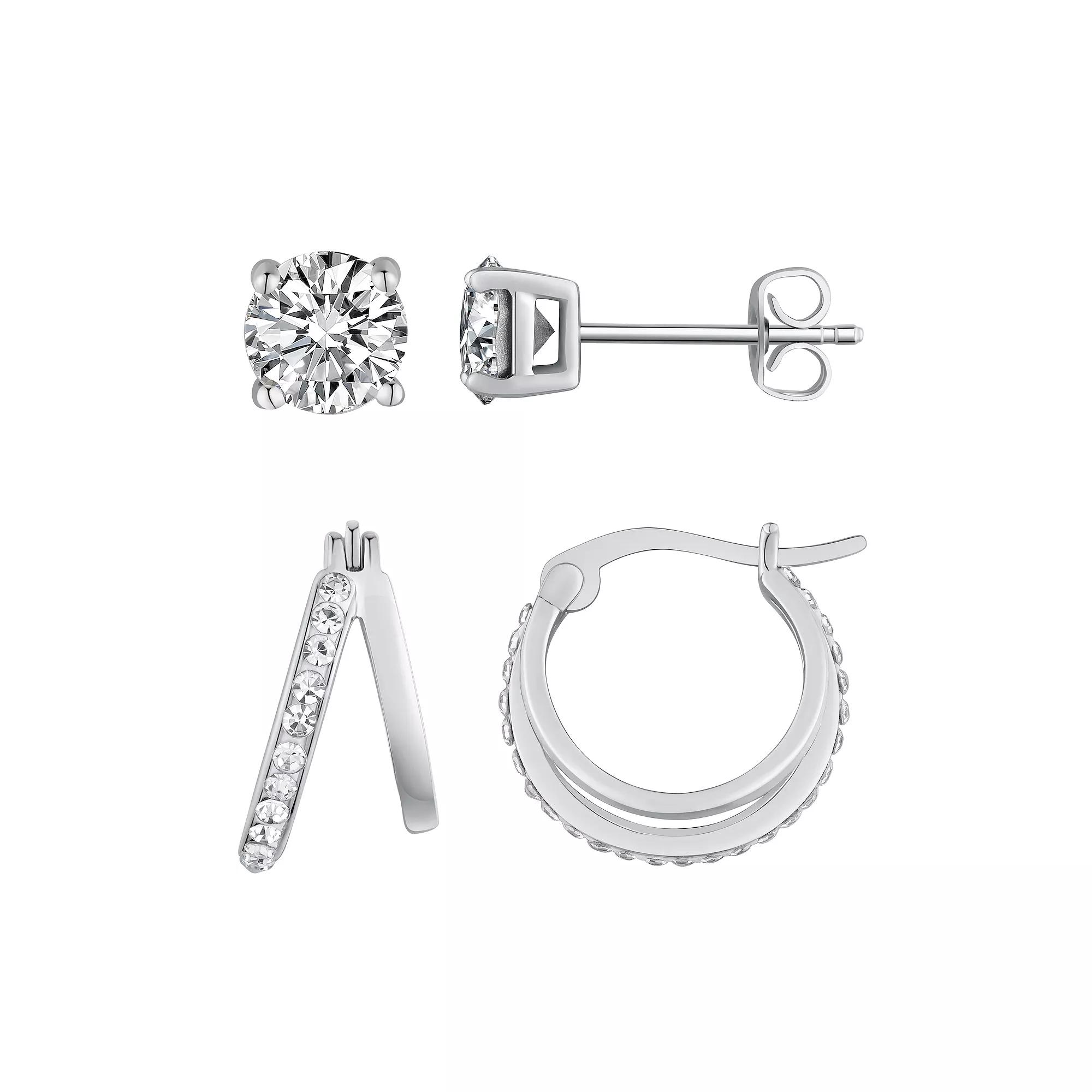 Chrystina Crystal 2 Pair Stud & Split Hoop Earring Set, Women's, Silver Tone Product Image