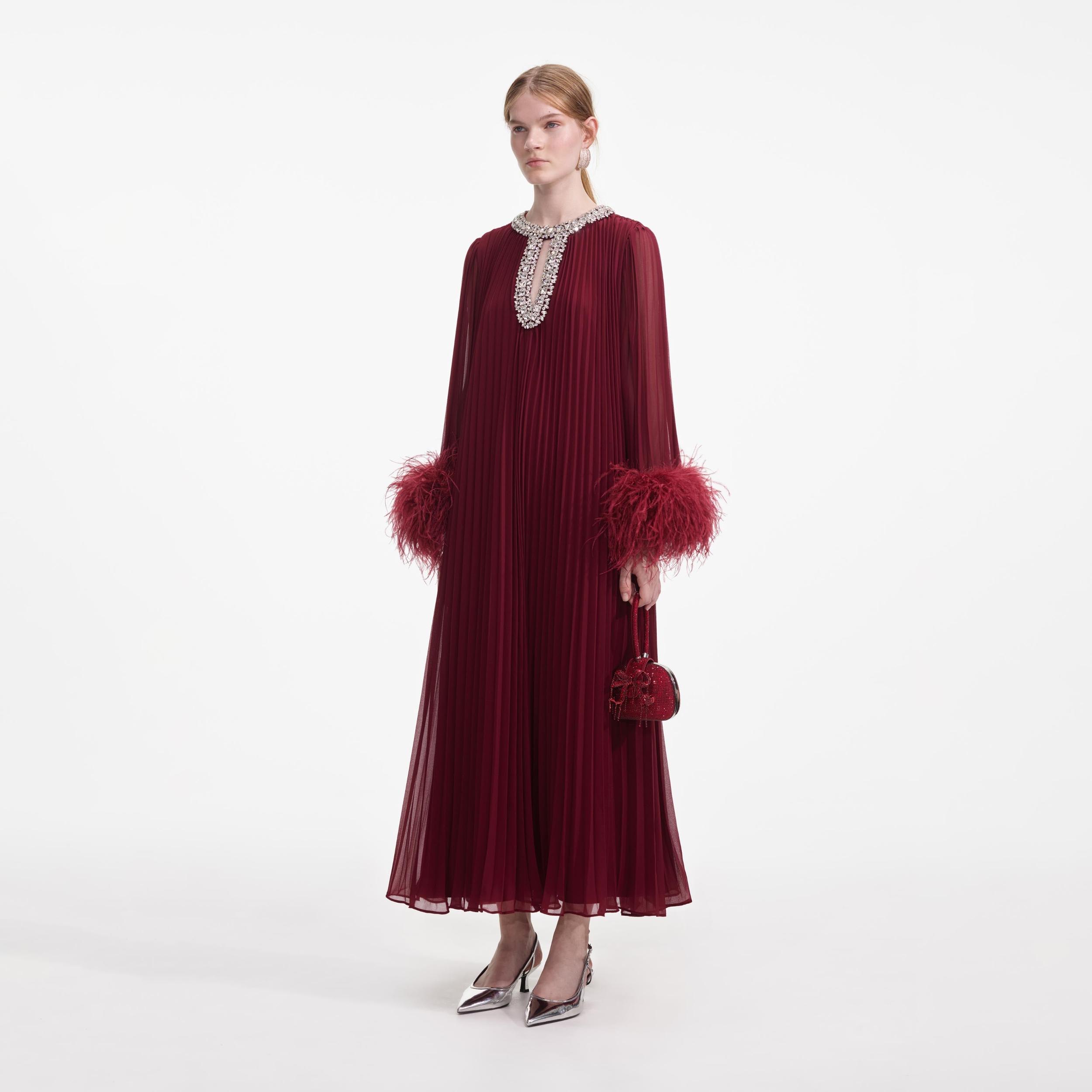 Burgundy Chiffon Feather Midi Dress Product Image