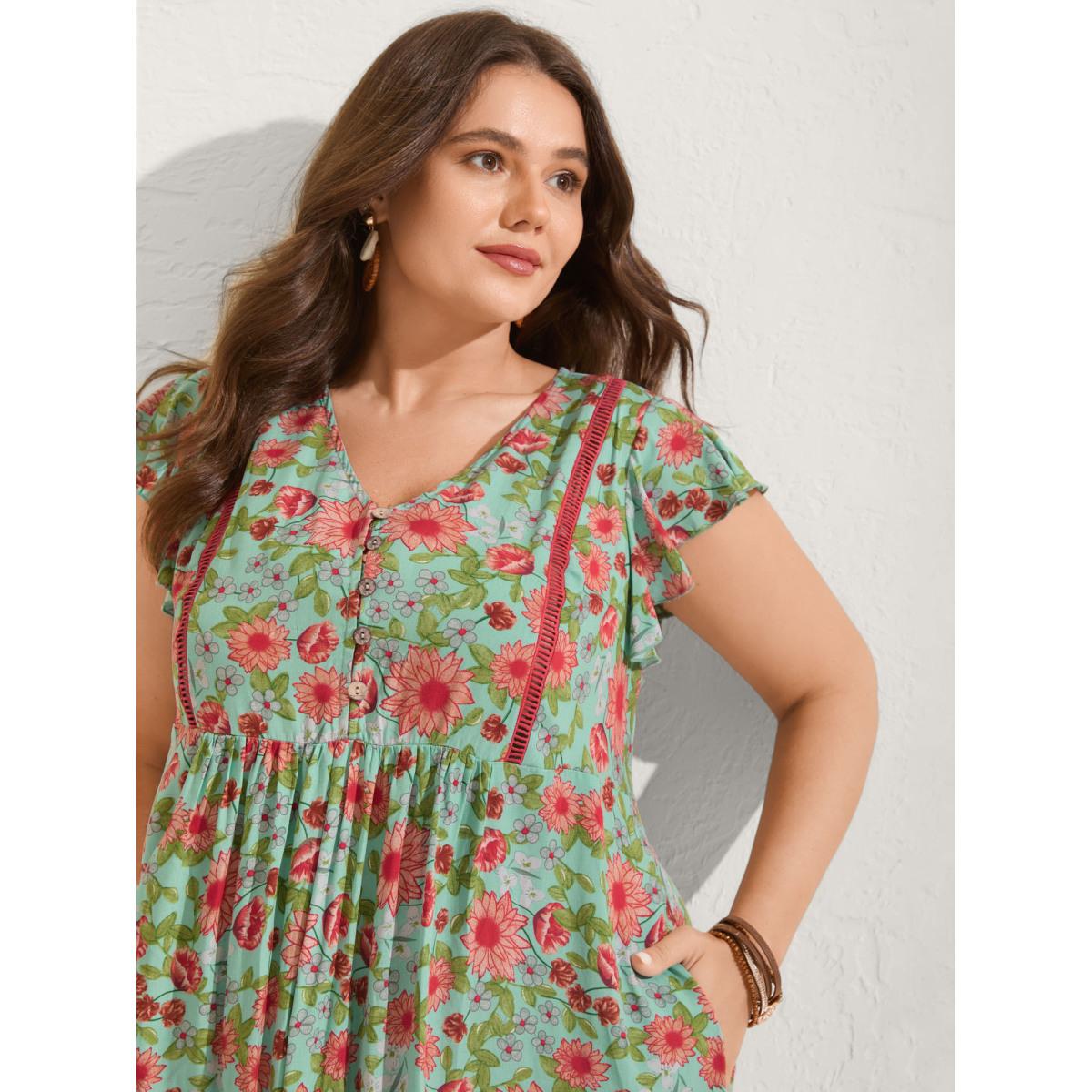 Plus Size Sweet Floral Lace Trim Tiered Maxi Dress Turquoise Women V-neck Cap Sleeve Curvy BloomChic 10/M Product Image