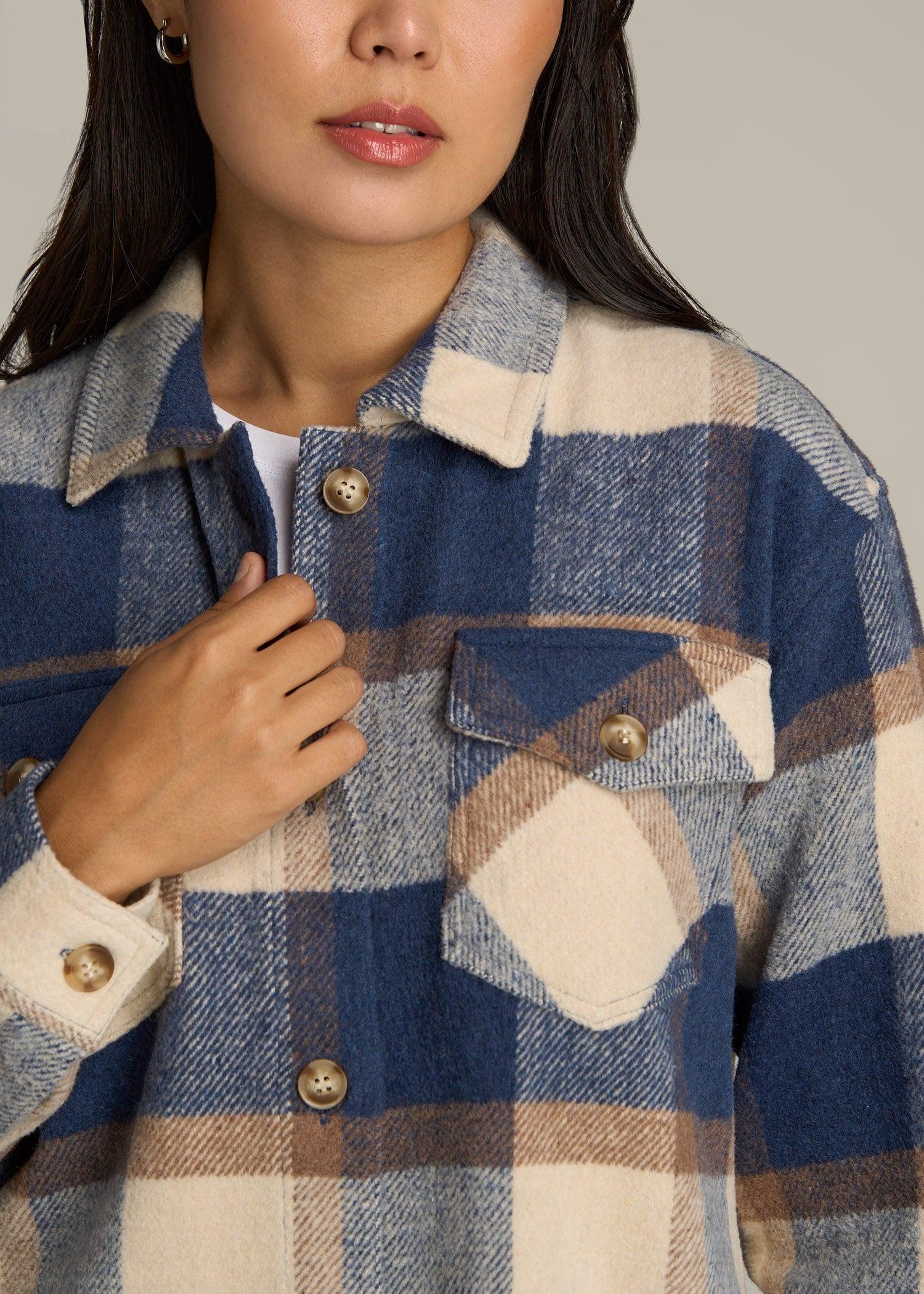 Flannel Shacket for Tall Women in Cream and Denim Blue Plaid Female Product Image