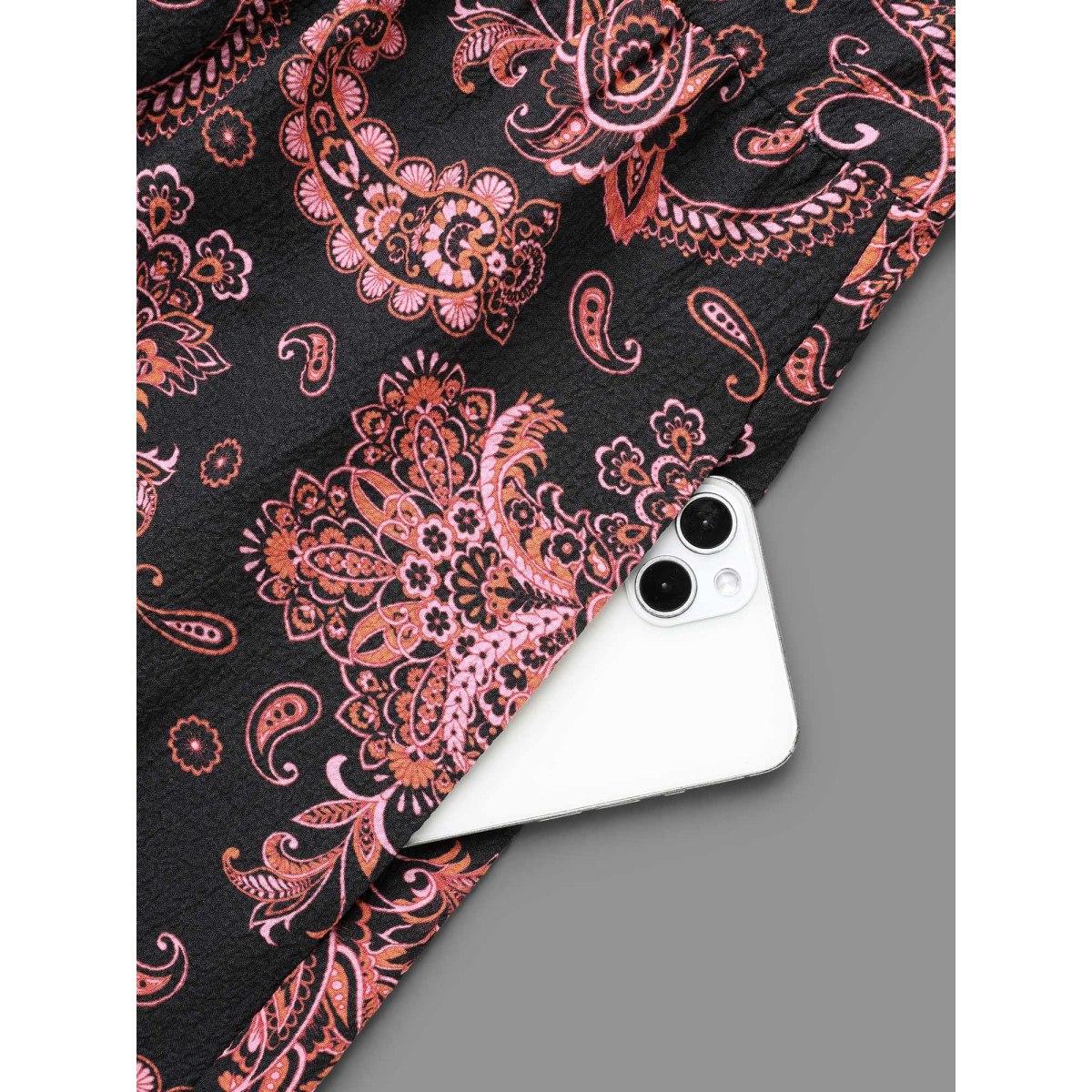 Plus Size Boho Print Notched Collar Lantern Sleeve Dress BlackFlower Women Resort Non Notched collar Long Sleeve Curvy BloomChic 12/L Product Image