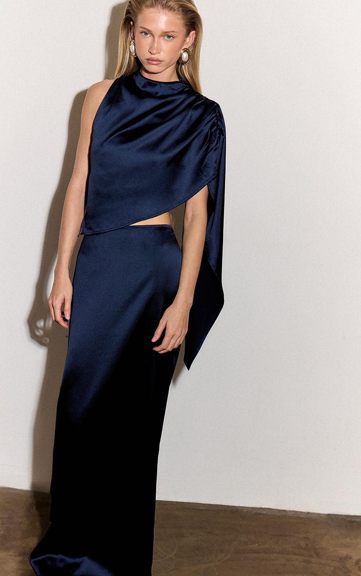 Navy Satin Low Rise Maxi Skirt Product Image