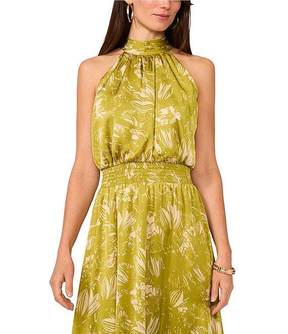 Vince Camuto Woven Abstract Floral Print Halter Sleeveless Smocked Waist Blouson Maxi Dress Product Image