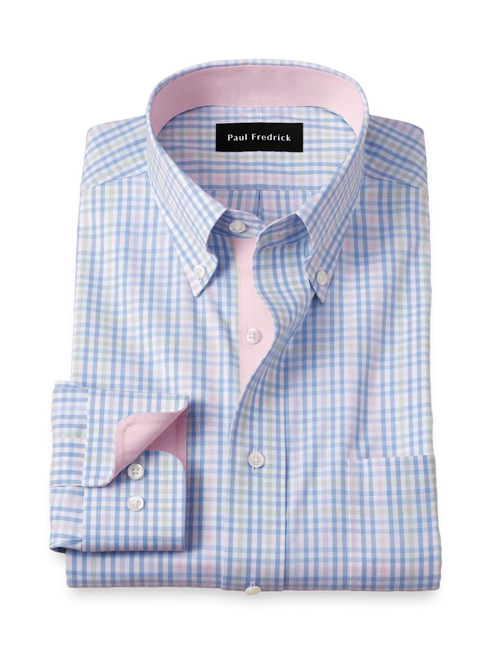 Comfort Stretch Non-Iron Tattersall Dress Shirt With Contrast Trim - Blue/pink Product Image