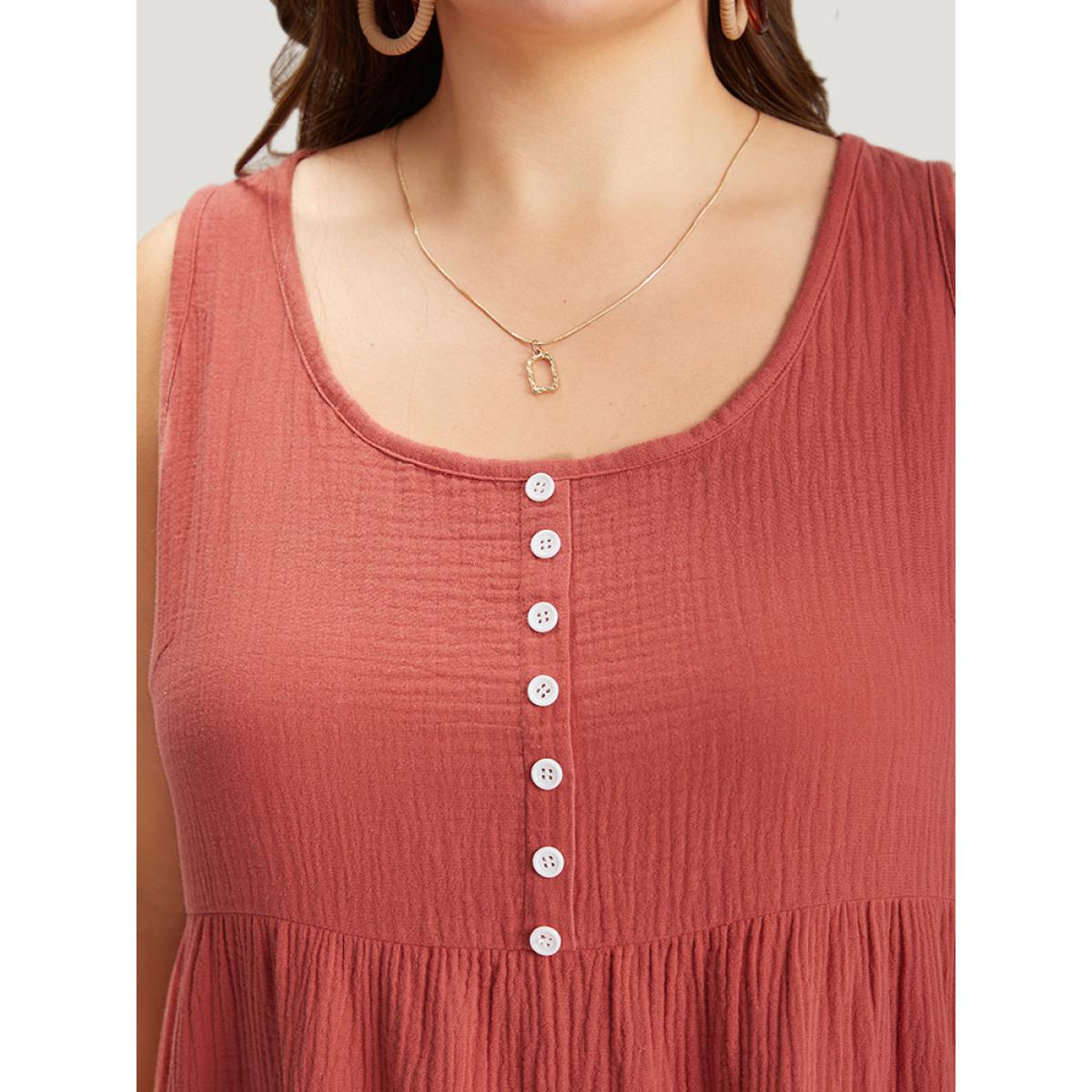Plus Size Solid Button Detail Layered Hem Tank Dress Rust Women Vacation Button Round Neck Sleeveless Curvy Knee Dress BloomChic 12/L Product Image