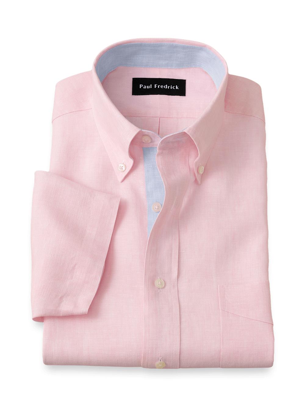 Non-Iron Linen Solid Dress Shirt With Contrast Trim - Pink Product Image