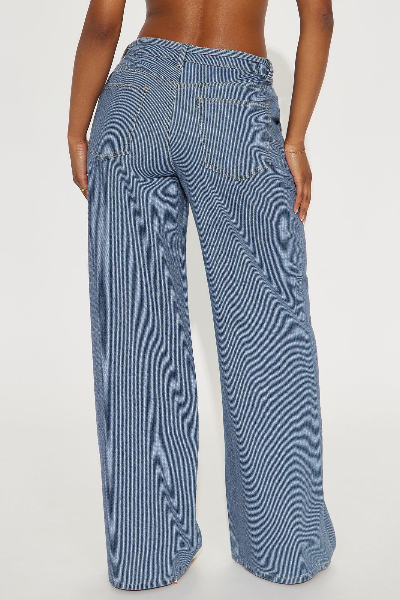 Laid Back Pinstripe Wide Leg Denim Trouser - Dark Wash Product Image