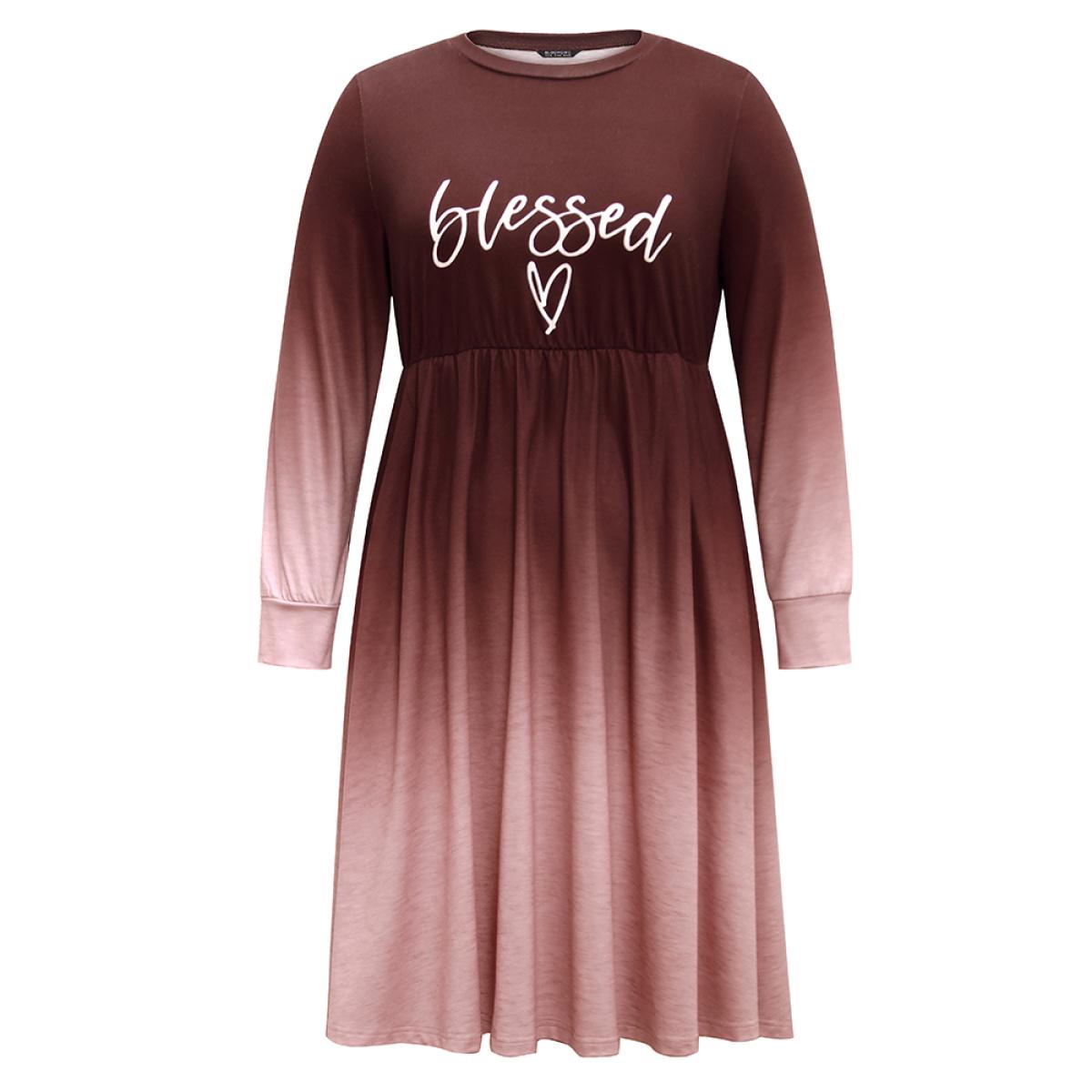 Plus Size Letter Tie Dye Gathered Elastic Waist Dress Scarlet Women Casual Gathered Round Neck Long Sleeve Curvy Midi Dress BloomChic 12/L Product Image